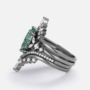 Unique Marquise Moss Agate Engagement Ring Set 4pcs - Amelia