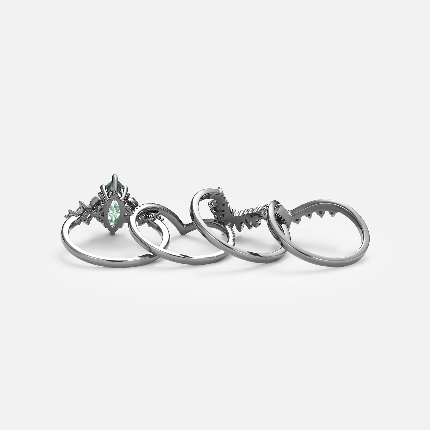 Unique Marquise Moss Agate Engagement Ring Set 4pcs - Amelia