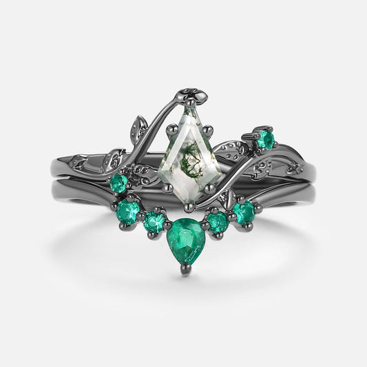 Black Gold Kite Cut Moss Agate & Lab Emerald Leafy Bridal Ring Sets 2pcs - Willow