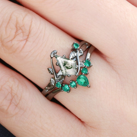Black Gold Kite Cut Moss Agate & Lab Emerald Leafy Bridal Ring Sets 2pcs - Willow
