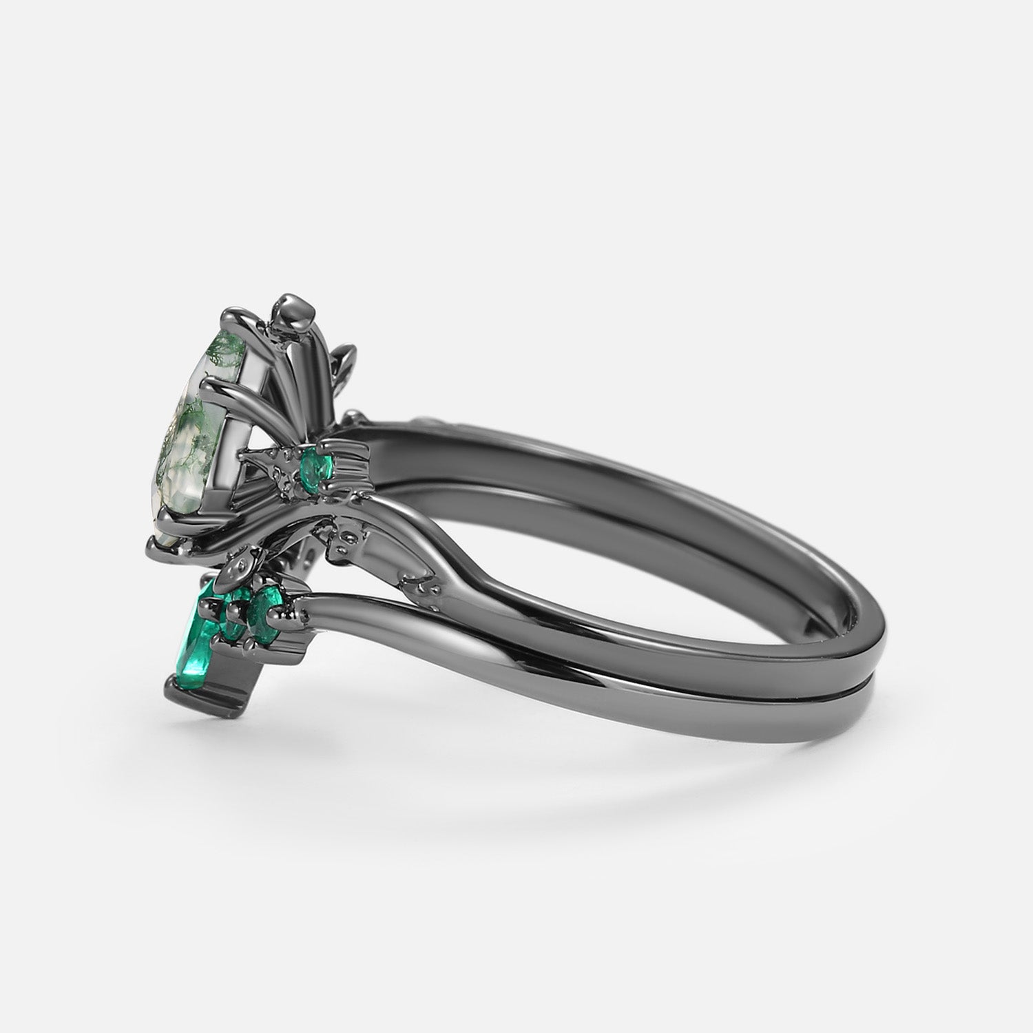 Black Gold Kite Cut Moss Agate & Lab Emerald Leafy Bridal Ring Sets 2pcs - Willow