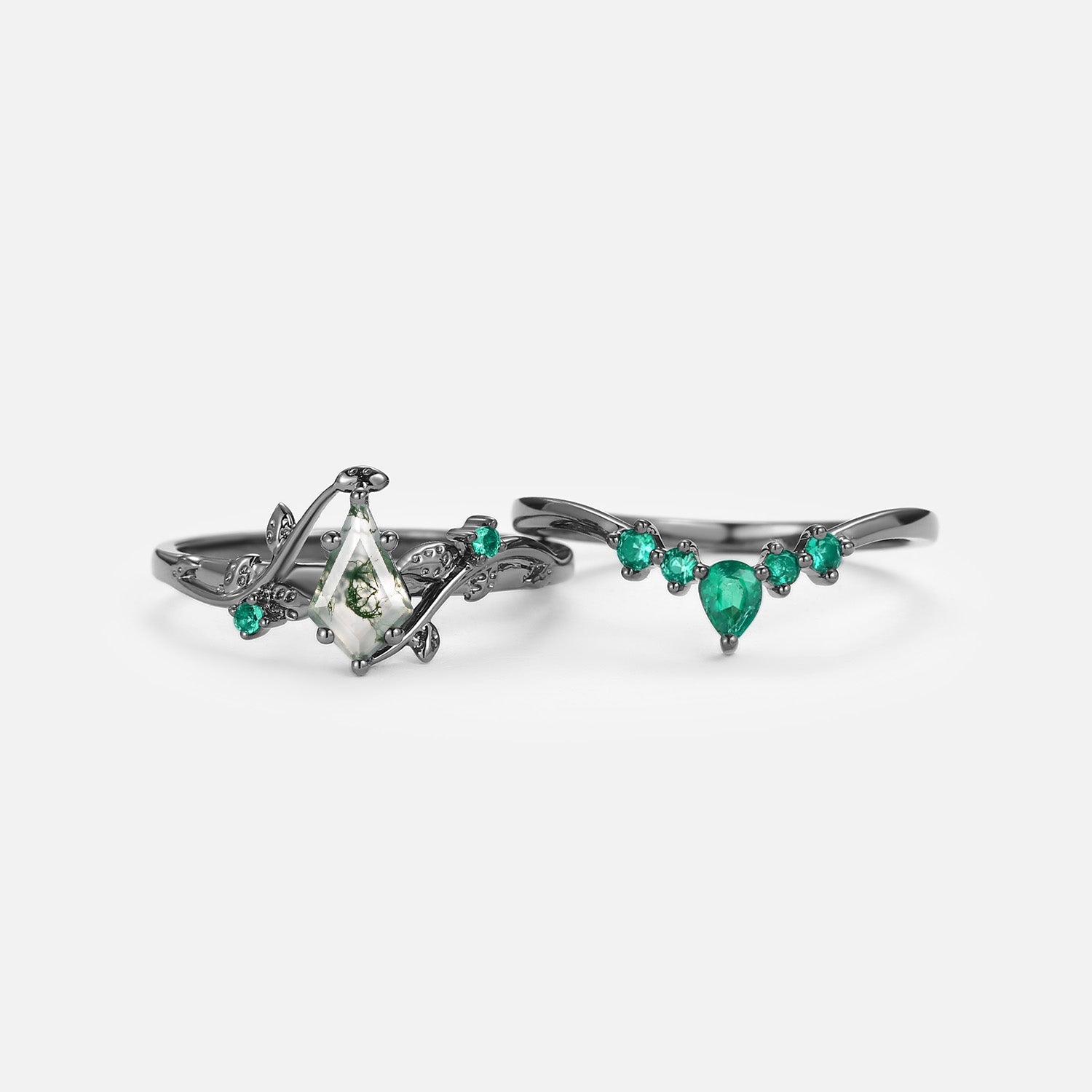 Black Gold Kite Cut Moss Agate & Lab Emerald Leafy Bridal Ring Sets 2pcs - Willow