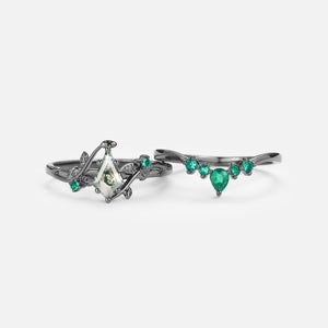 Black Gold Kite Cut Moss Agate & Lab Emerald Leafy Bridal Ring Sets 2pcs - Willow