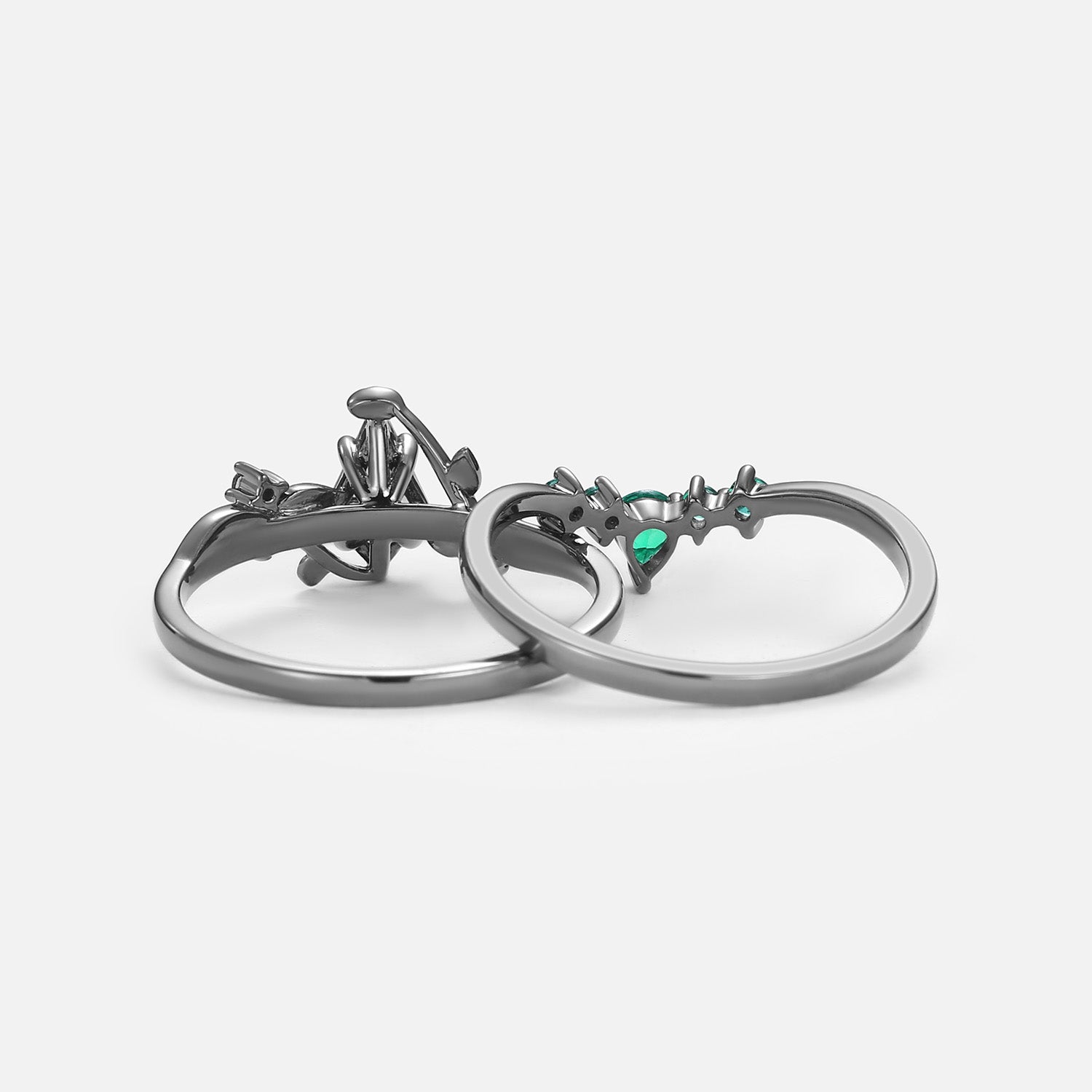 Black Gold Kite Cut Moss Agate & Lab Emerald Leafy Bridal Ring Sets 2pcs - Willow
