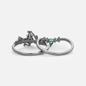 Black Gold Kite Cut Moss Agate & Lab Emerald Leafy Bridal Ring Sets 2pcs - Willow