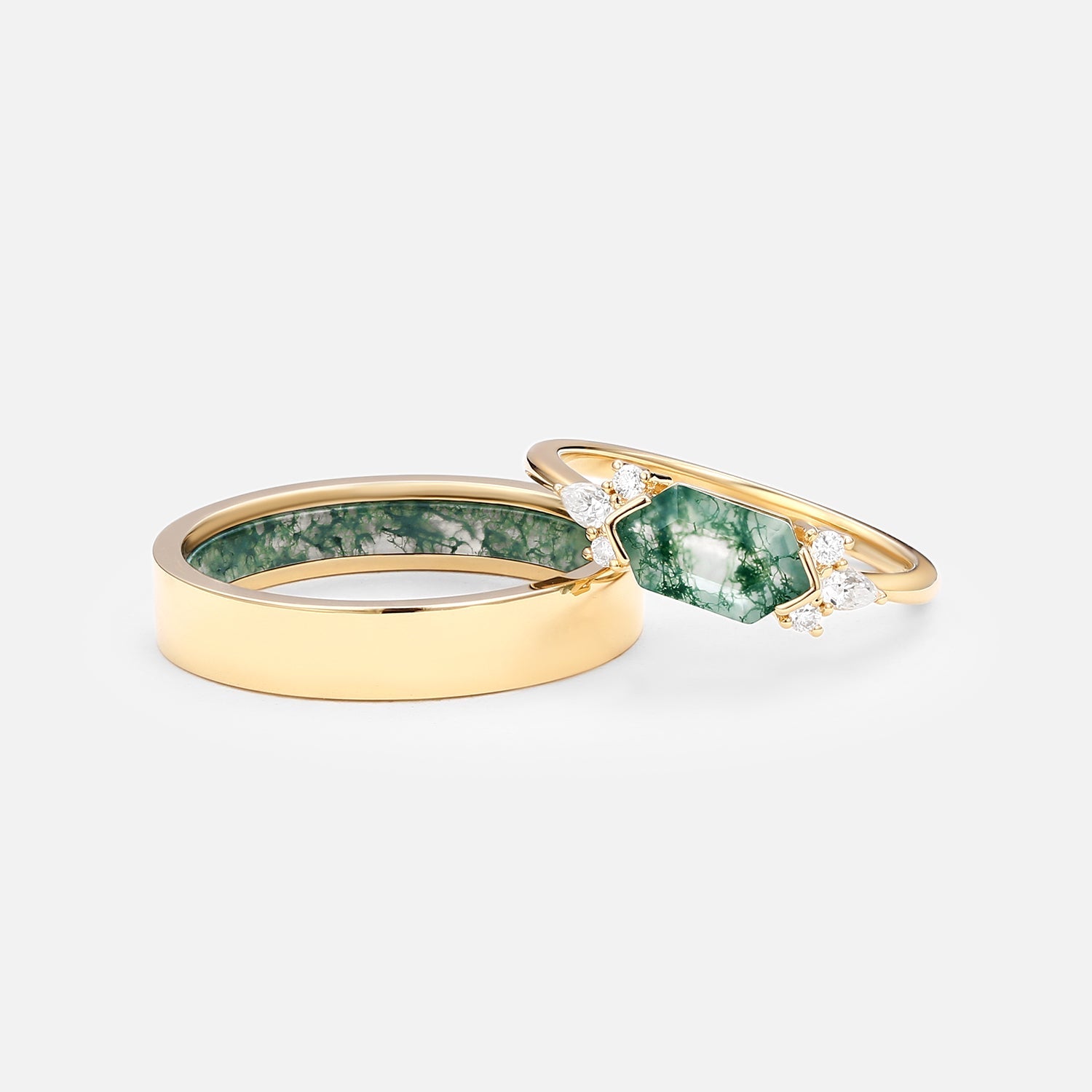 Yellow Gold Elongated Hexagon Moss Agate Couple Ring Set 2pcs