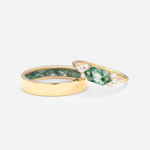 Yellow Gold Elongated Hexagon Moss Agate Couple Ring Set 2pcs
