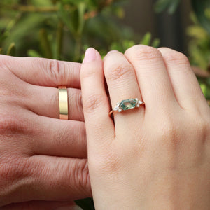 Yellow Gold Elongated Hexagon Moss Agate Couple Ring Set 2pcs