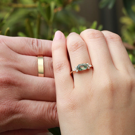 Yellow Gold Elongated Hexagon Moss Agate Couple Ring Set 2pcs