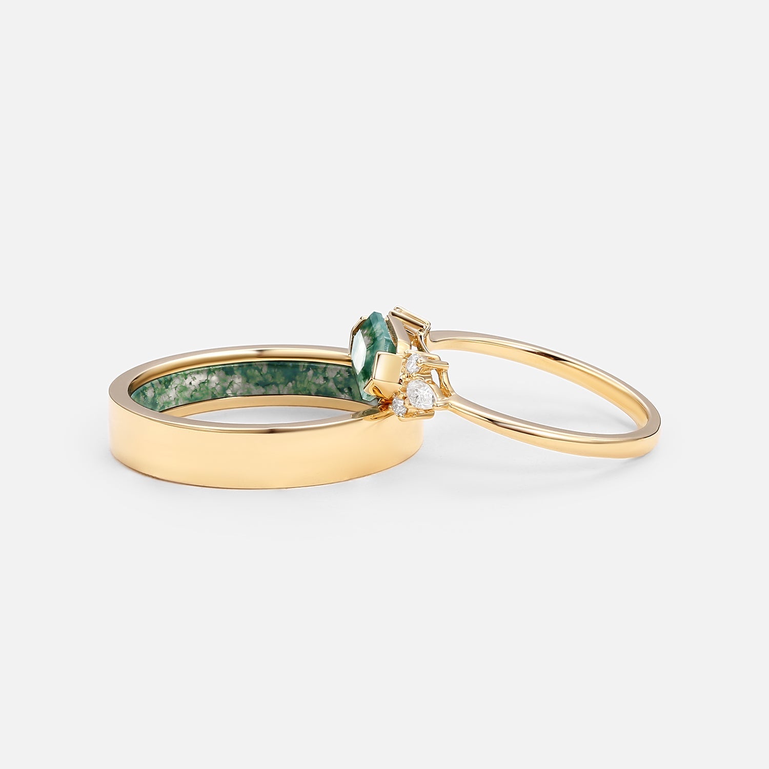 Yellow Gold Elongated Hexagon Moss Agate Couple Ring Set 2pcs