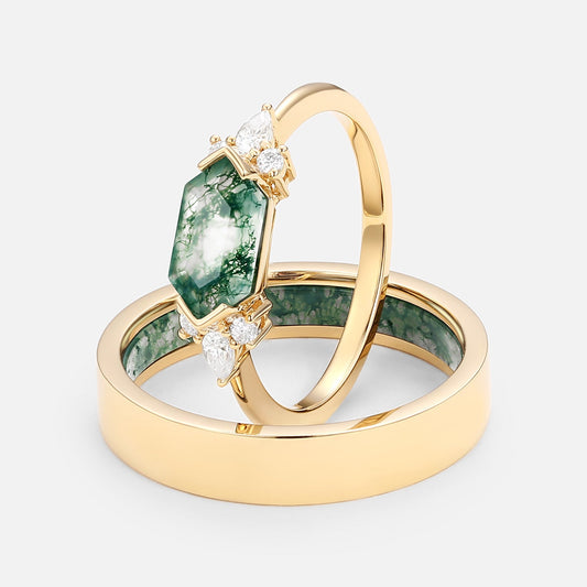Yellow Gold Elongated Hexagon Moss Agate Couple Ring Set 2pcs