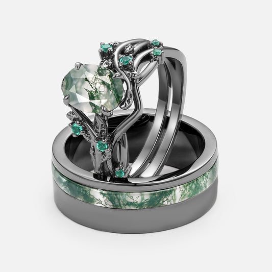 Mossy Nature Inspired - Black Gold Moss Agate Oval Cut Couple Ring Set 3pcs