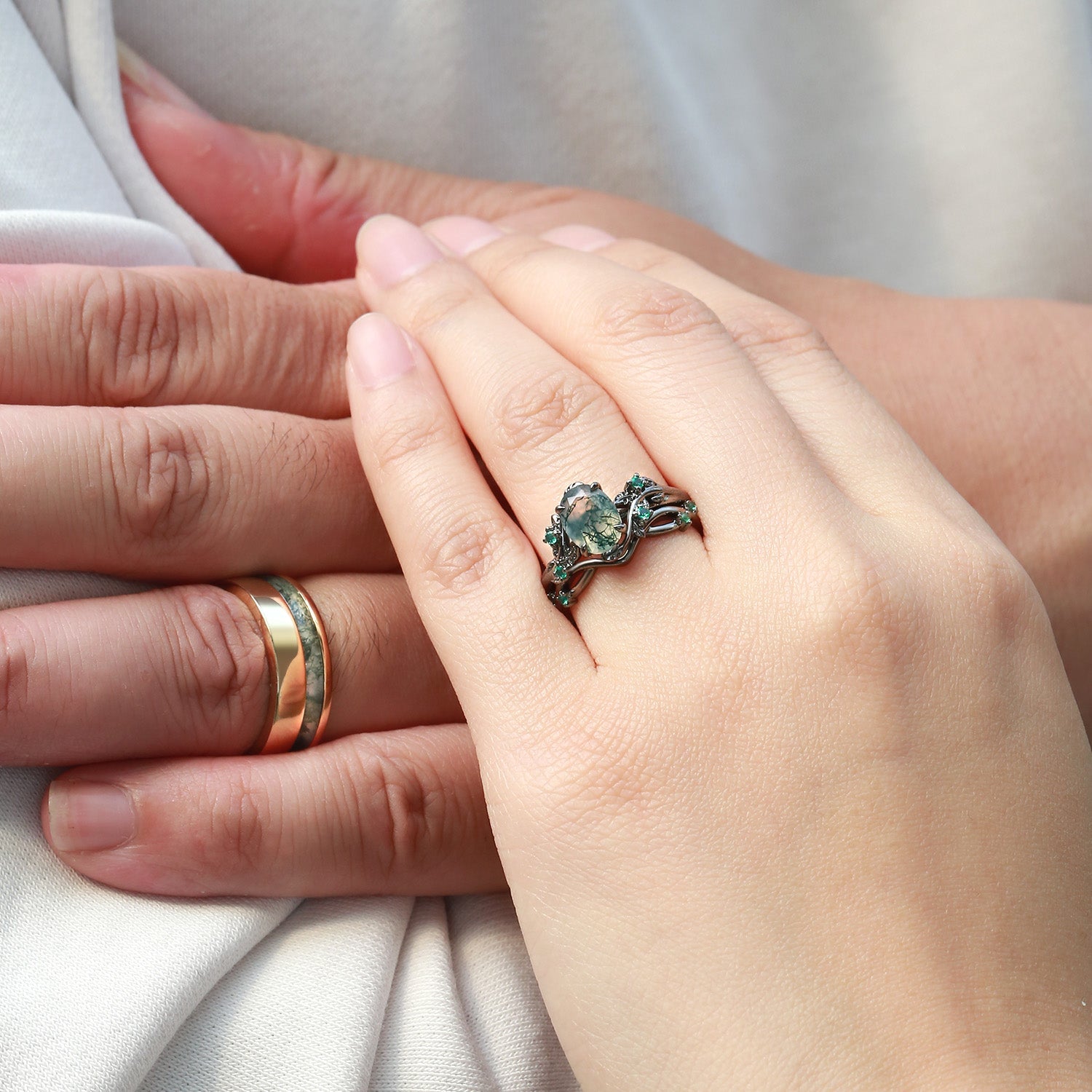 Mossy Nature Inspired - Black Gold Moss Agate Oval Cut Couple Ring Set 3pcs