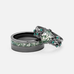 Mossy Nature Inspired - Black Gold Moss Agate Oval Cut Couple Ring Set 3pcs