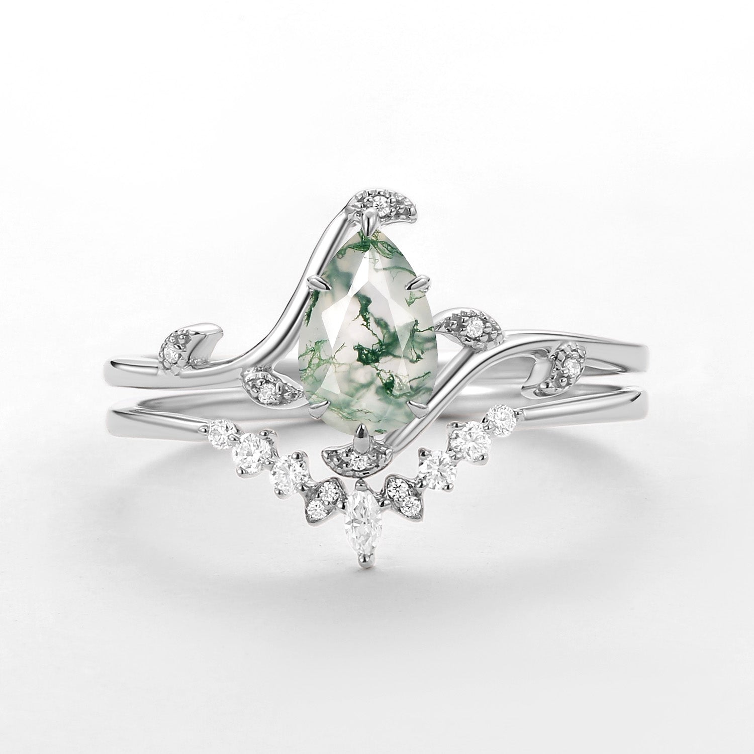 Unique Pear Cut Moss Agate Leafy Engagement Ring Sets 2pcs - Ivy