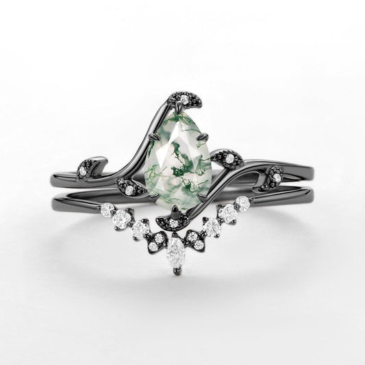Ivy Unique Pear Cut Moss Agate Leafy Engagement Ring Sets 2pcs