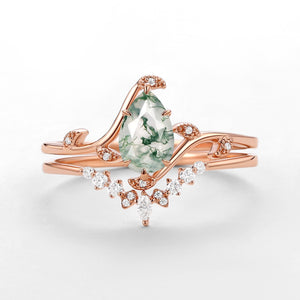 Unique Pear Cut Moss Agate Leafy Engagement Ring Sets 2pcs - Ivy