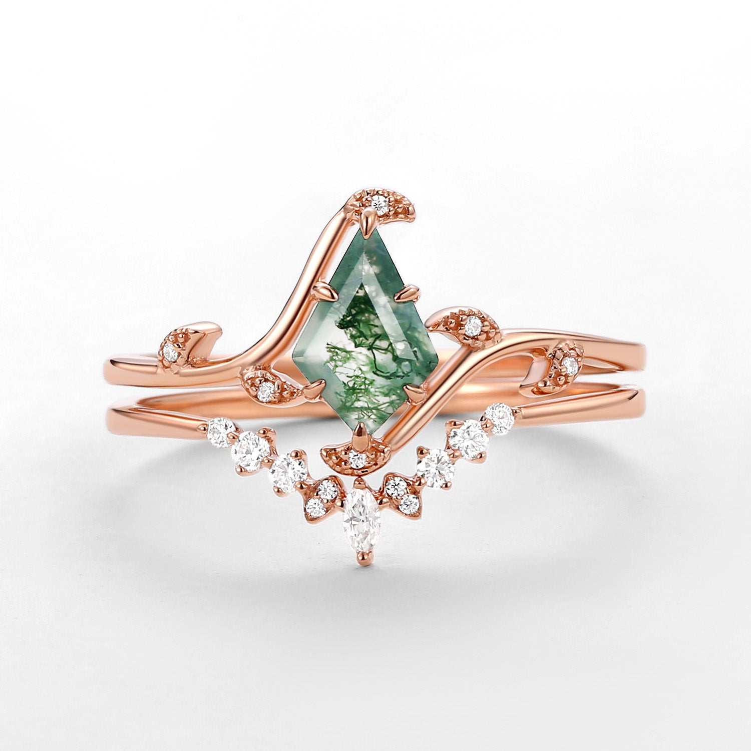Unique Kite Cut Moss Agate Leafy Engagement Ring Sets 2pcs - Ivy