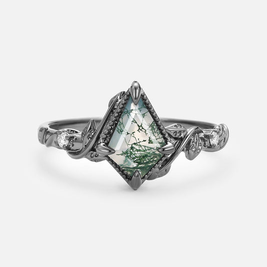 Leafy Kite Cut Moss Agate & Moissanite Engagement Ring