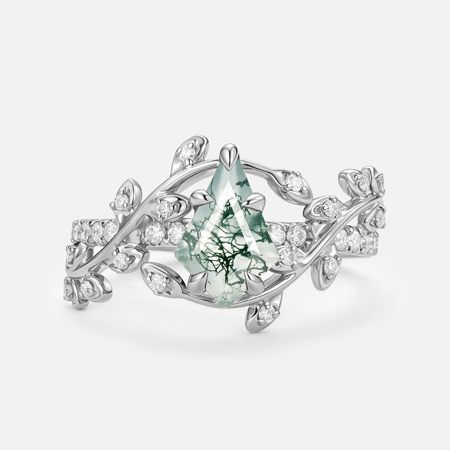 Kite Cut Moss Agate Leafy Pave Engagement Ring - Wren