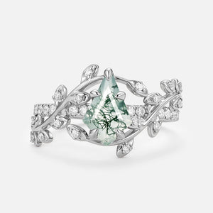 Kite Cut Moss Agate Leafy Pave Engagement Ring - Wren