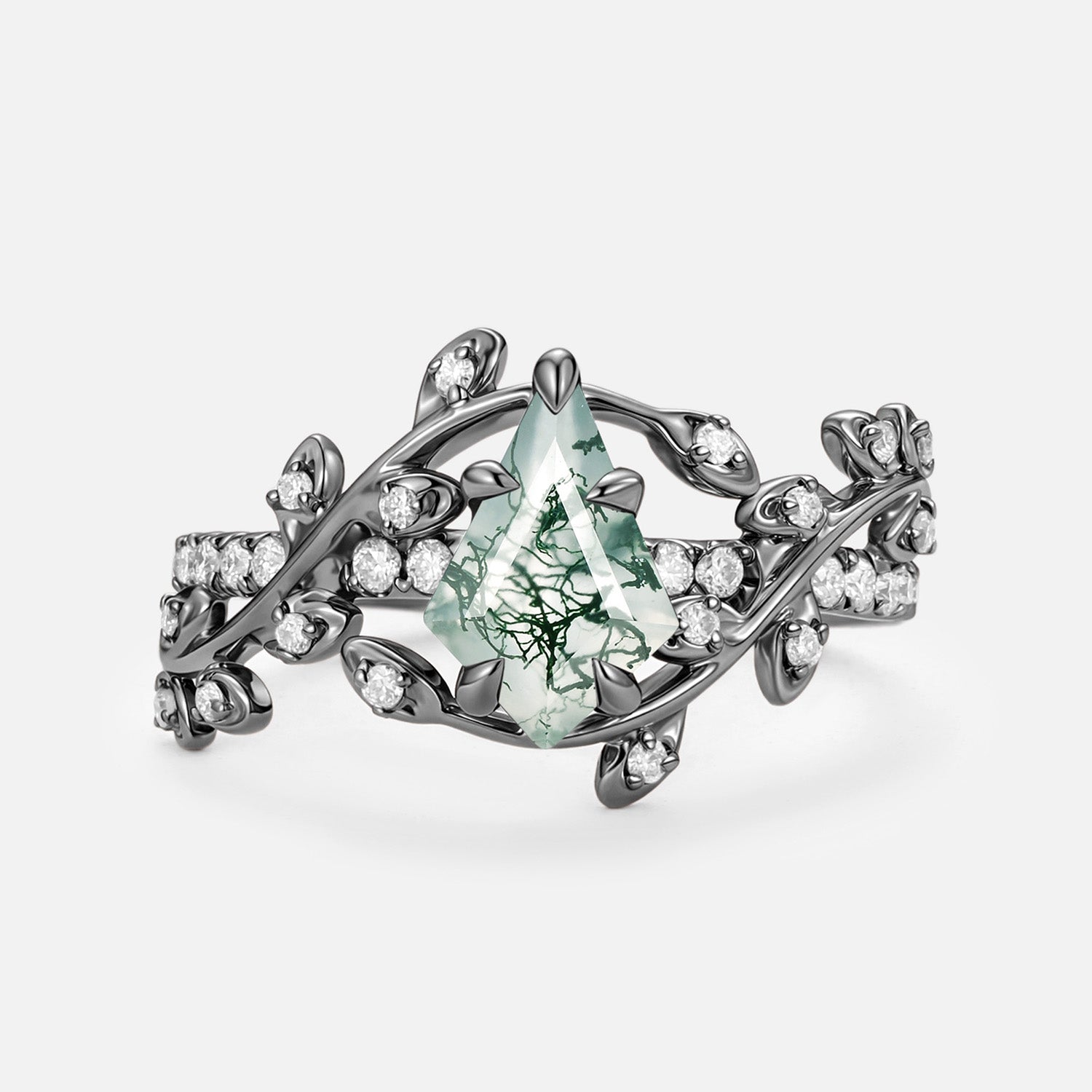 Kite Cut Moss Agate Leafy Pave Engagement Ring - Wren