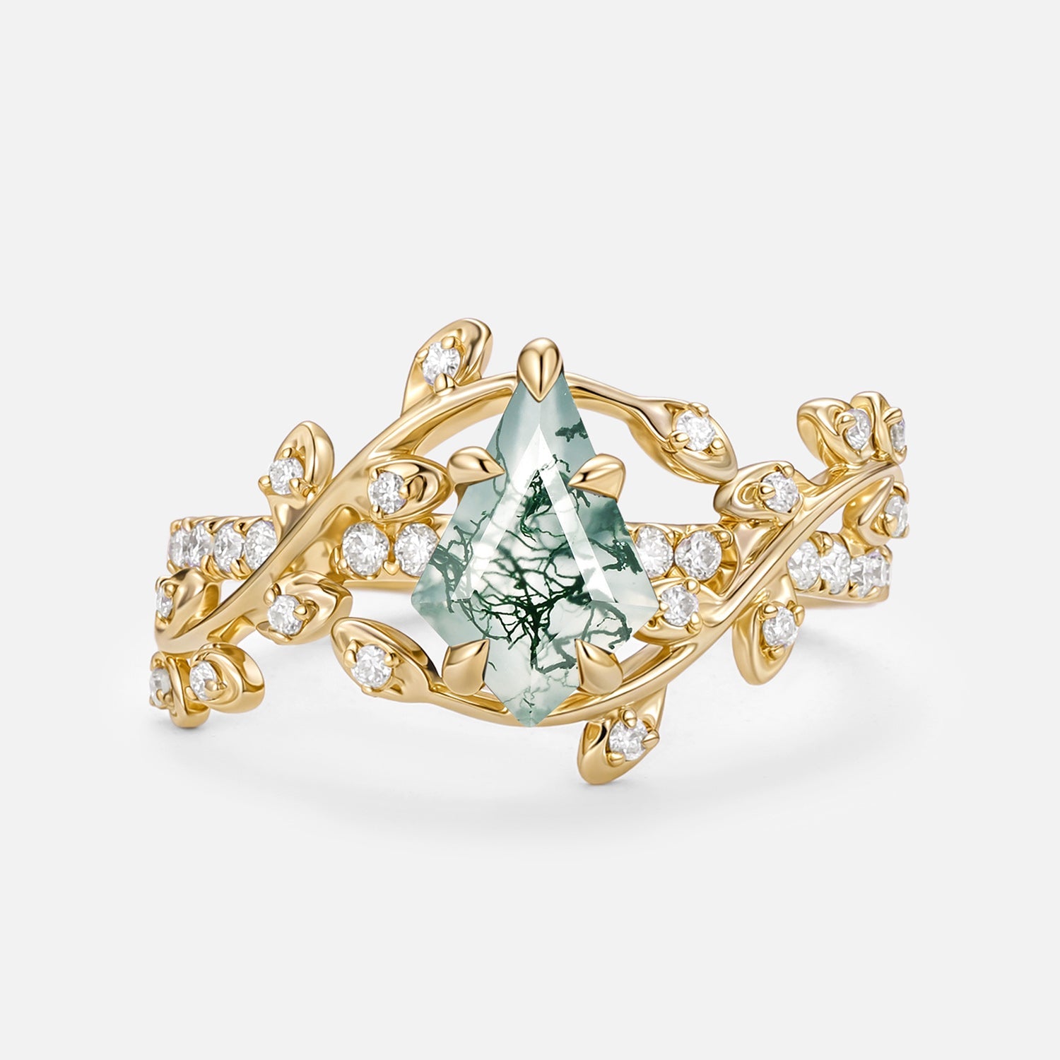 Kite Cut Moss Agate Leafy Pave Engagement Ring - Wren