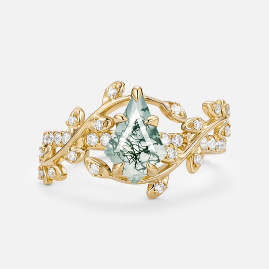 Wren Kite Cut Moss Agate Leafy Pave Engagement Ring