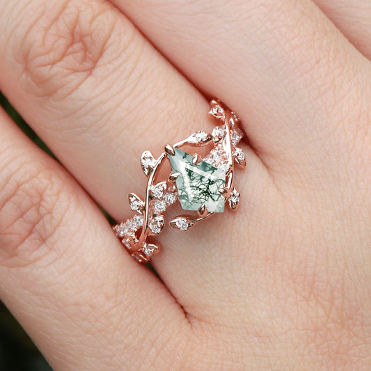 Kite Cut Moss Agate Leafy Pave Engagement Ring - Wren