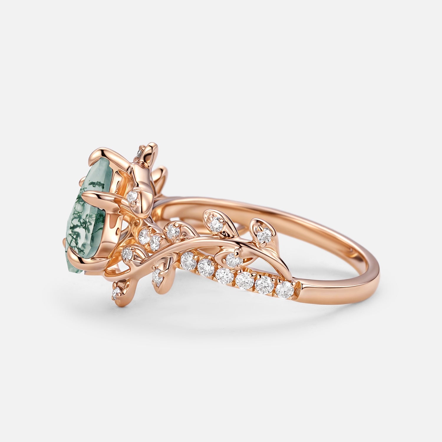 Kite Cut Moss Agate Leafy Pave Engagement Ring - Wren
