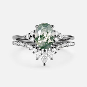 1.5ct Oval Cut Moss Agate Classic Cluster Gold Ring Set 2pcs - Lydia
