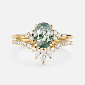 1.5ct Oval Cut Moss Agate Classic Cluster Gold Ring Set 2pcs - Lydia