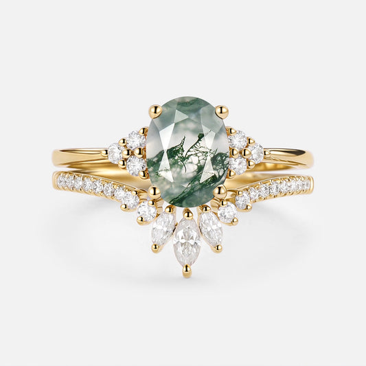 1.5ct Oval Cut Moss Agate Classic Cluster Gold Ring Set 2pcs - Lydia