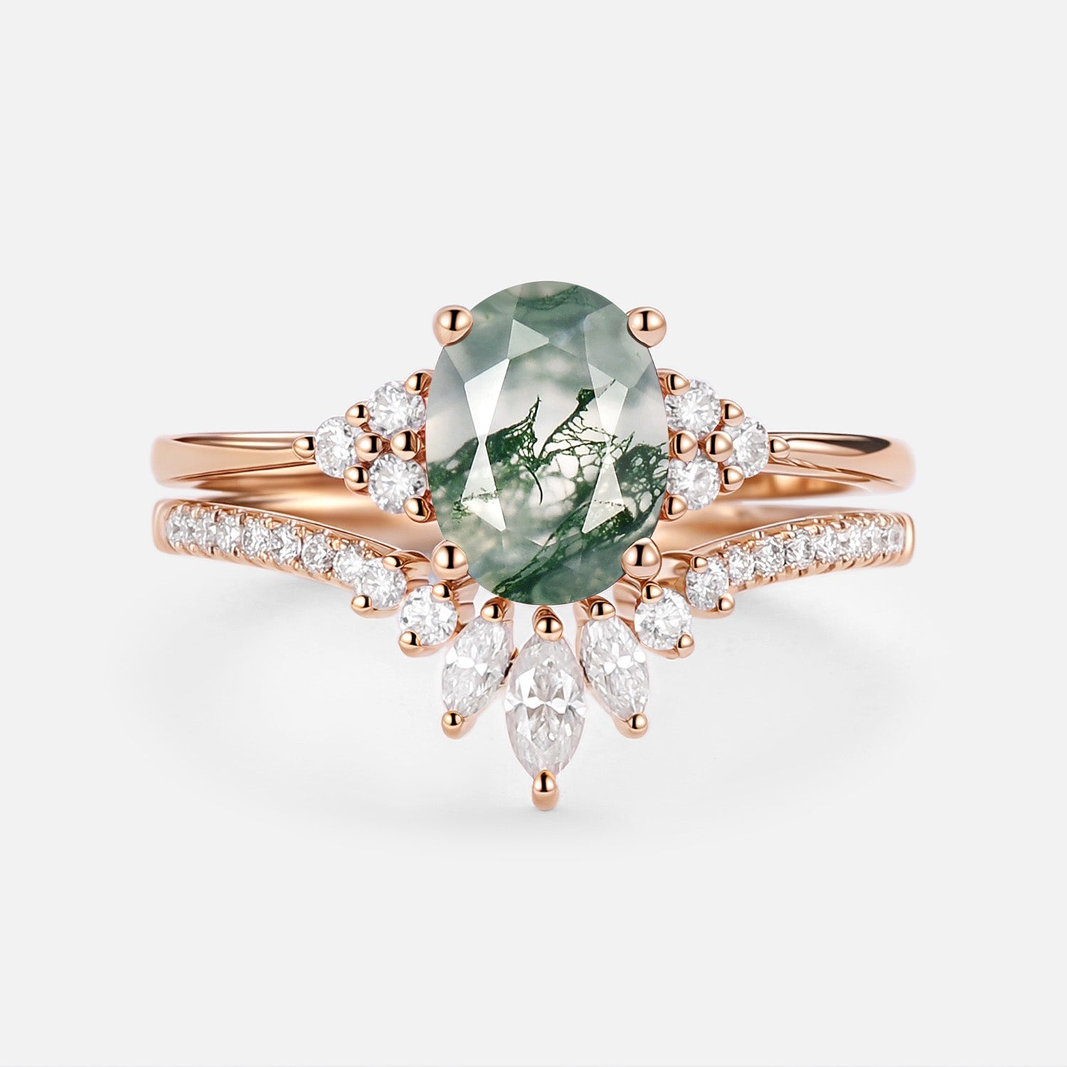 1.5ct Oval Cut Moss Agate Classic Cluster Gold Ring Set 2pcs - Lydia