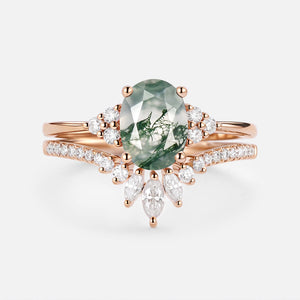 1.5ct Oval Cut Moss Agate Classic Cluster Gold Ring Set 2pcs - Lydia