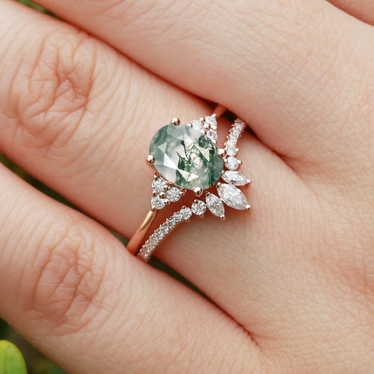 1.5ct Black Gold Oval Cut Moss Agate Classic Cluster Gold Ring Set 2pcs - Lydia