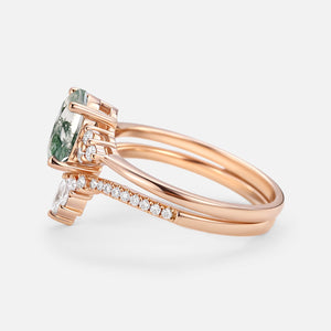 1.5ct Oval Cut Moss Agate Classic Cluster Gold Ring Set 2pcs - Lydia