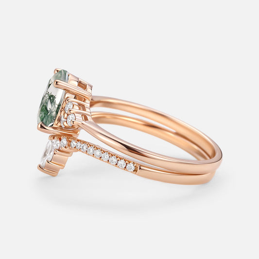 1.5ct Oval Cut Moss Agate Classic Cluster Gold Ring Set 2pcs - Lydia