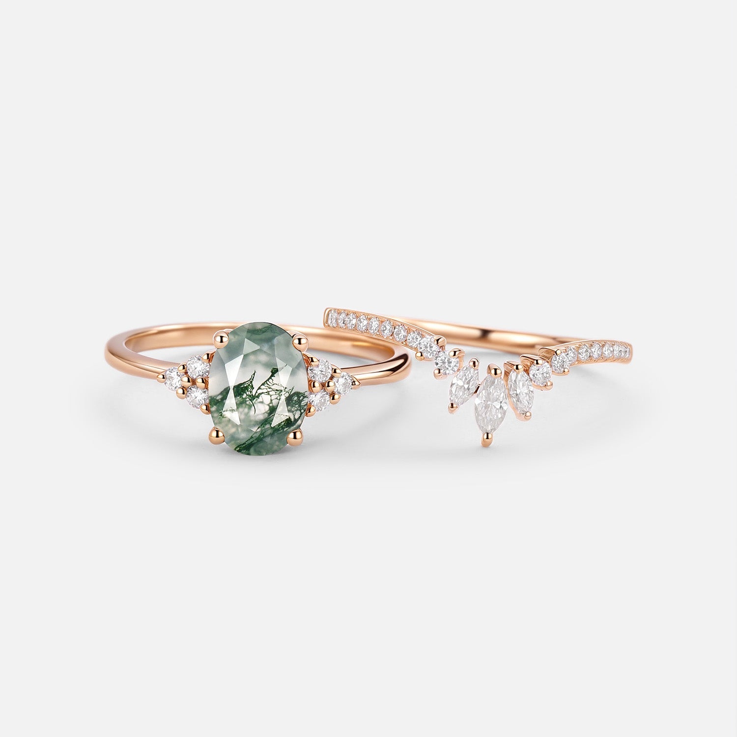 1.5ct Oval Cut Moss Agate Classic Cluster Gold Ring Set 2pcs - Lydia