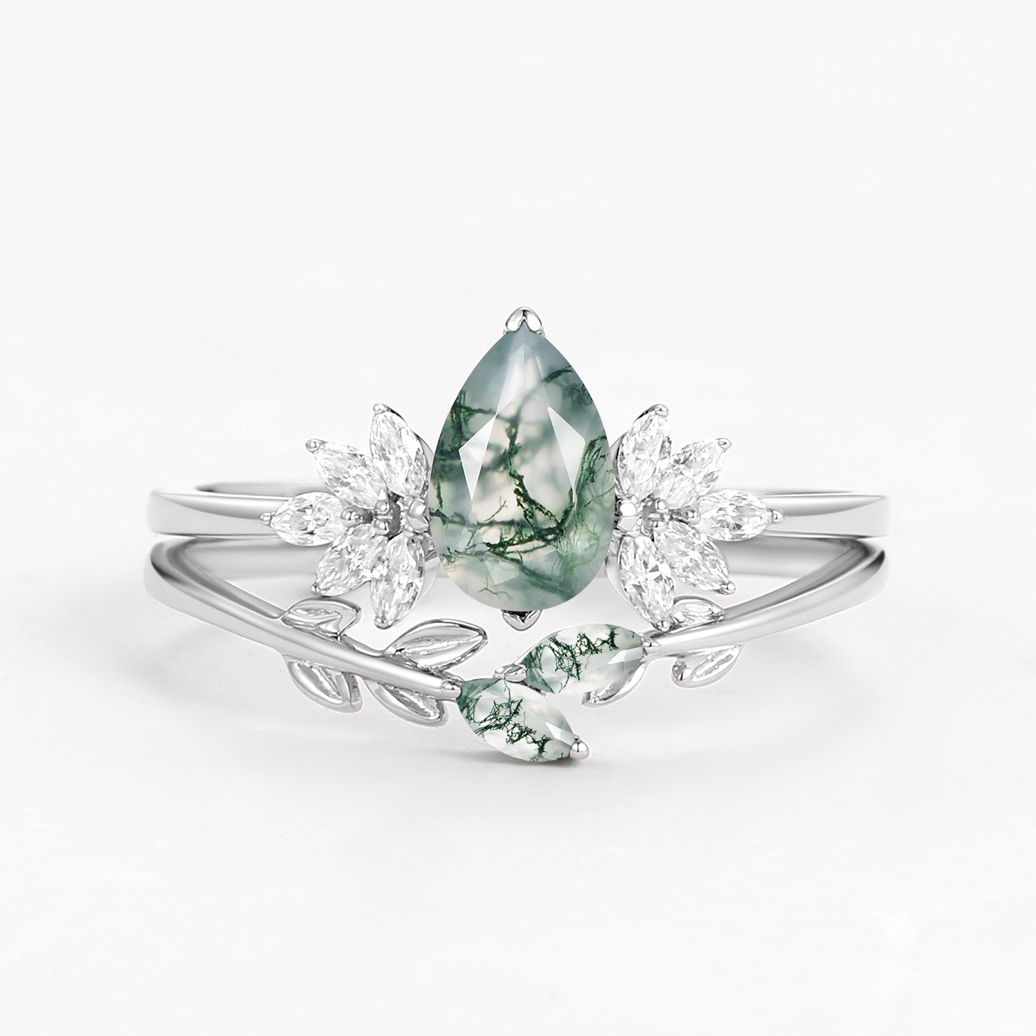 Pear Cut Moss Agate Leafy Forest Elves Engagement Ring Set 2pcs - Amayah