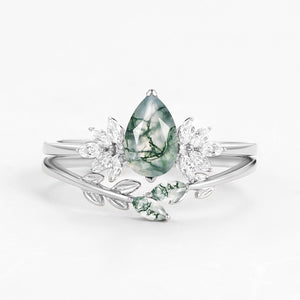 Pear Cut Moss Agate Leafy Forest Elves Engagement Ring Set 2pcs - Amayah