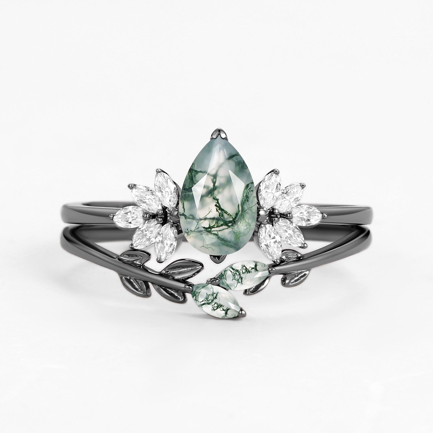 Pear Cut Moss Agate Leafy Forest Elves Engagement Ring Set 2pcs - Amayah