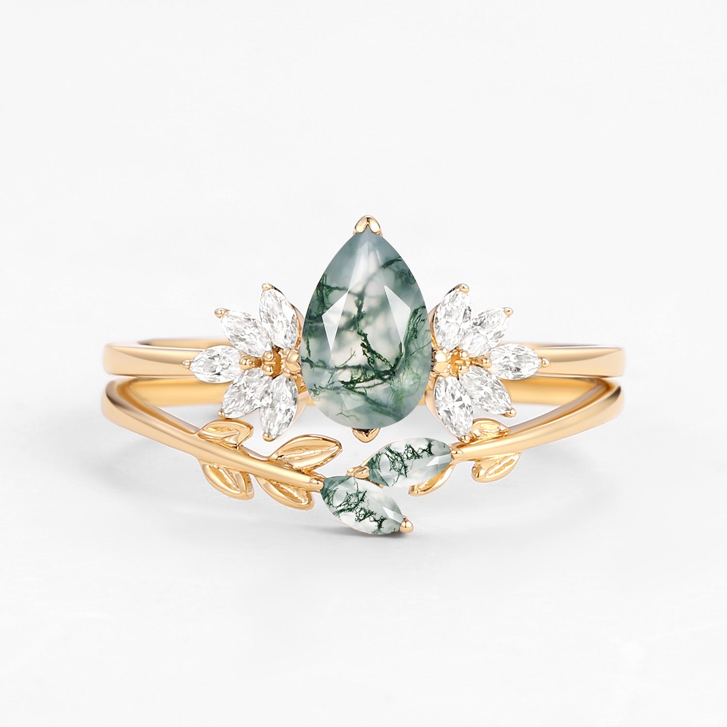 Pear Cut Moss Agate Leafy Forest Elves Engagement Ring Set 2pcs - Amayah