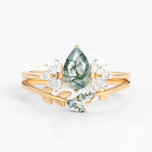 Pear Cut Moss Agate Leafy Forest Elves Engagement Ring Set 2pcs - Amayah