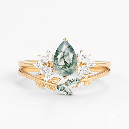 Pear Cut Moss Agate Leafy Forest Elves Engagement Ring Set 2pcs - Amayah