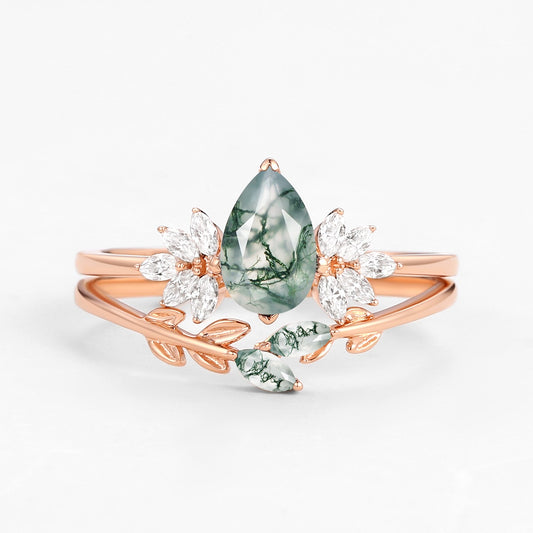 Pear Cut Moss Agate Leafy Forest Elves Engagement Ring Set 2pcs - Amayah