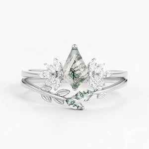 Amayah Fairy Ring Moss Agate Leafy Forest Elves Engagement Ring Set 2pcs