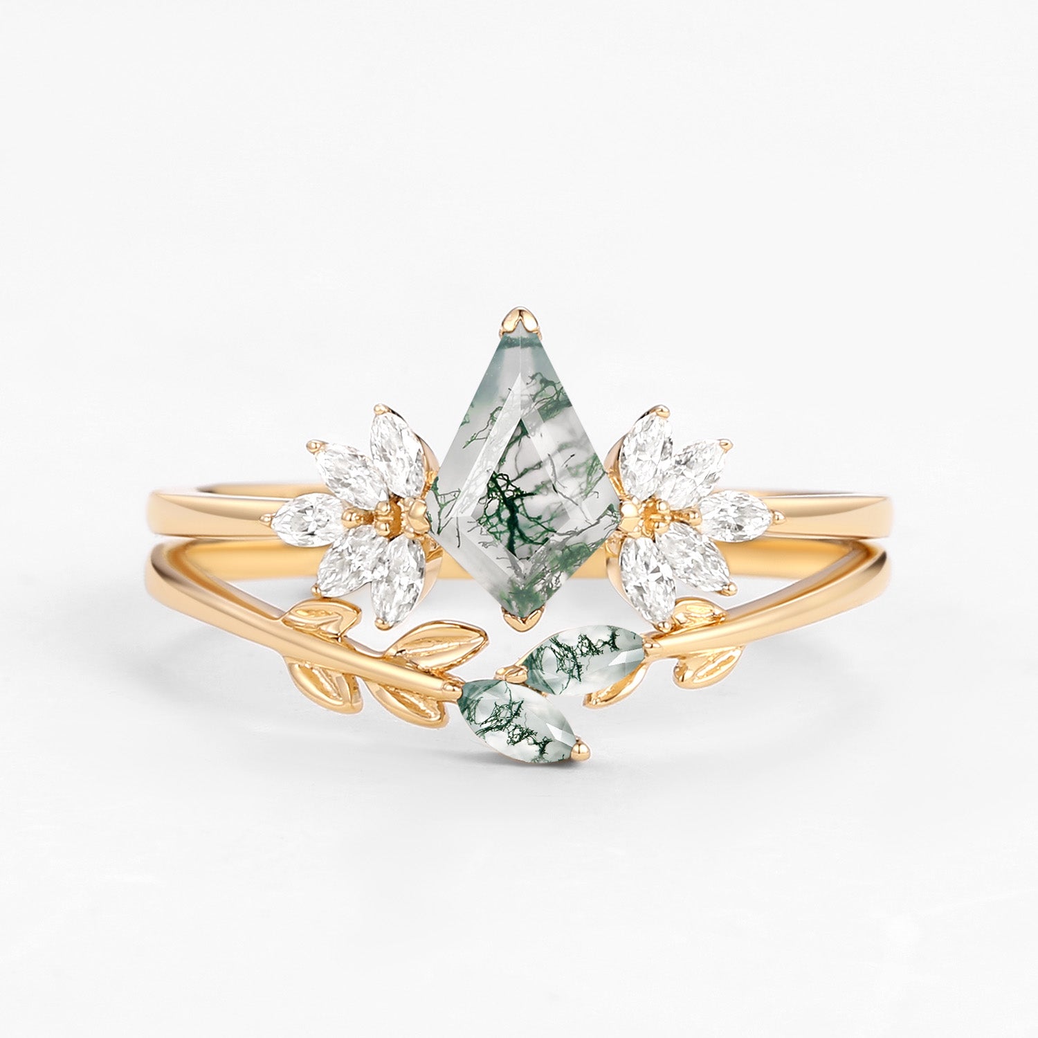 Amayah Fairy Ring Moss Agate Leafy Forest Elves Engagement Ring Set 2pcs