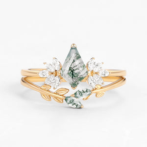Amayah Fairy Ring Moss Agate Leafy Forest Elves Engagement Ring Set 2pcs