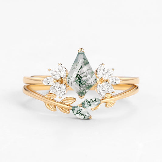 Amayah Fairy Ring Moss Agate Leafy Forest Elves Engagement Ring Set 2pcs